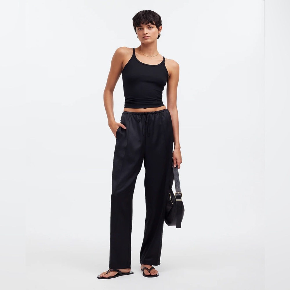 Petite Pintucked Slim Pull-On Pants in Satin